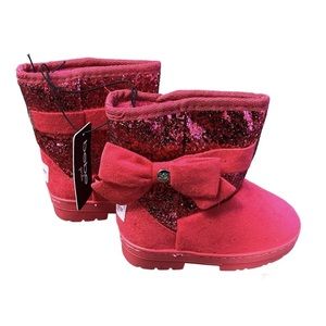 Bebe Girls Pink Glitter Bow Winter Boots Faux Fur Lined Toddler Girl Size 8